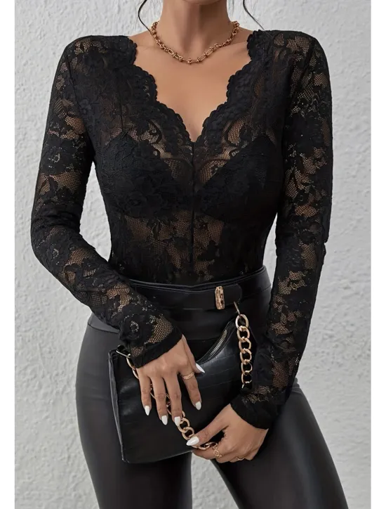 Hot Women's Lace Shirt Blouse Plain Stylish Long Sleeve V Neck Regular Tops Daily Going out Lace Black White Wine Summer Women Lace Tops