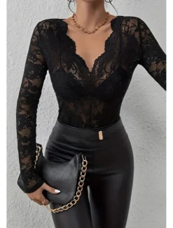 Hot Women's Lace Shirt Blouse Plain Stylish Long Sleeve V Neck Regular Tops Daily Going out Lace Black White Wine Summer Women Lace Tops