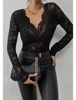 Hot Women's Lace Shirt Blouse Plain Stylish Long Sleeve V Neck Regular Tops Daily Going out Lace Black White Wine Summer Women Lace Tops