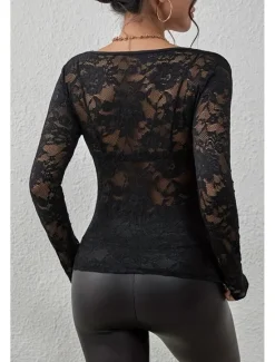 Hot Women's Lace Shirt Blouse Plain Stylish Long Sleeve V Neck Regular Tops Daily Going out Lace Black White Wine Summer Women Lace Tops