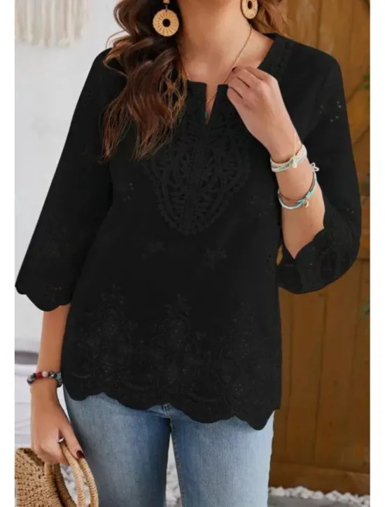 Discount Women's Lace Shirt Blouse Plain Modern Casual 3/4 Length Sleeve V Neck Regular Tops Holiday Going out Lace Black White Summer Women Lace Tops