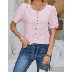 Sale Women's Lace Shirt Elegant Daily Ladies Short Sleeve Crew Neck Vacation Daily Going out Lace Buttons White Pink Blue Purple Summer Spring Fall Women Lace Tops