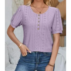 Sale Women's Lace Shirt Elegant Daily Ladies Short Sleeve Crew Neck Vacation Daily Going out Lace Buttons White Pink Blue Purple Summer Spring Fall Women Lace Tops