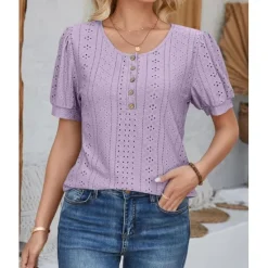 Sale Women's Lace Shirt Elegant Daily Ladies Short Sleeve Crew Neck Vacation Daily Going out Lace Buttons White Pink Blue Purple Summer Spring Fall Women Lace Tops