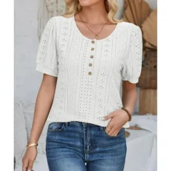 Sale Women's Lace Shirt Elegant Daily Ladies Short Sleeve Crew Neck Vacation Daily Going out Lace Buttons White Pink Blue Purple Summer Spring Fall Women Lace Tops
