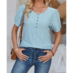 Sale Women's Lace Shirt Elegant Daily Ladies Short Sleeve Crew Neck Vacation Daily Going out Lace Buttons White Pink Blue Purple Summer Spring Fall Women Lace Tops
