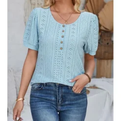 Sale Women's Lace Shirt Elegant Daily Ladies Short Sleeve Crew Neck Vacation Daily Going out Lace Buttons White Pink Blue Purple Summer Spring Fall Women Lace Tops