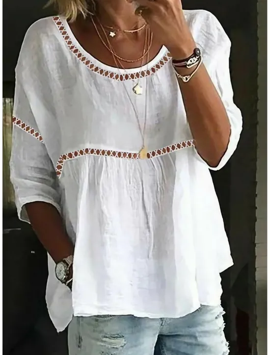 Women's Lace Shirt Linen-Inspired Shirts Eyelet top Long Cotton Top Plain Basic 3/4 Length Sleeve Round Neck Regular Tops Casual Lace Patchwork White Pink Women Shirts
