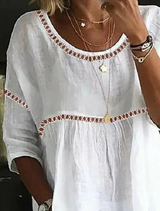 Women's Lace Shirt Linen-Inspired Shirts Eyelet top Long Cotton Top Plain Basic 3/4 Length Sleeve Round Neck Regular Tops Casual Lace Patchwork White Pink Women Shirts