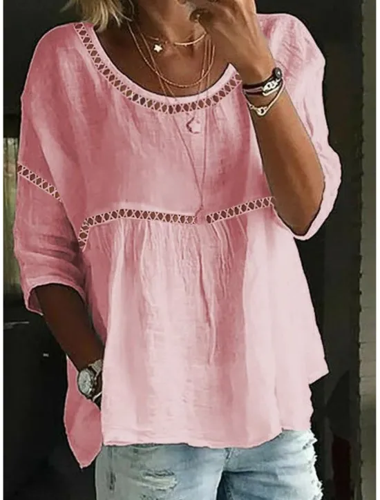Women's Lace Shirt Linen-Inspired Shirts Eyelet top Long Cotton Top Plain Basic 3/4 Length Sleeve Round Neck Regular Tops Casual Lace Patchwork White Pink Women Shirts