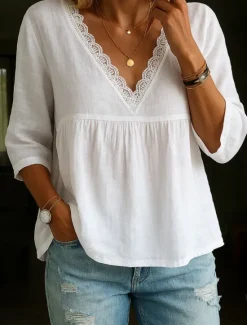 Hot Women's Lace Shirt Peplum Solid Color Stylish Casual 3/4 Length Sleeve V Neck Regular Tops Daily Lace Trim White Blue Green Beige Summer Spring Fall Women Lace Tops|Blouses & Shirts