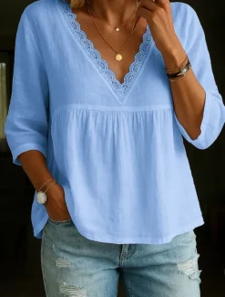 Hot Women's Lace Shirt Peplum Solid Color Stylish Casual 3/4 Length Sleeve V Neck Regular Tops Daily Lace Trim White Blue Green Beige Summer Spring Fall Women Lace Tops|Blouses & Shirts