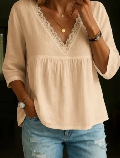 Hot Women's Lace Shirt Peplum Solid Color Stylish Casual 3/4 Length Sleeve V Neck Regular Tops Daily Lace Trim White Blue Green Beige Summer Spring Fall Women Lace Tops|Blouses & Shirts