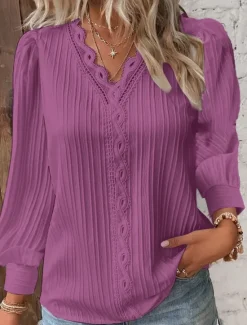 New Women's Lace Shirt Solid Color Elegant Stylish Basic Long Sleeve V Neck Regular Tops Daily Lace Patchwork White Red Purple Orange Green Summer Spring Fall Women Lace Tops