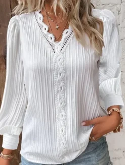 New Women's Lace Shirt Solid Color Elegant Stylish Basic Long Sleeve V Neck Regular Tops Daily Lace Patchwork White Red Purple Orange Green Summer Spring Fall Women Lace Tops
