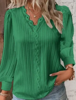 New Women's Lace Shirt Solid Color Elegant Stylish Basic Long Sleeve V Neck Regular Tops Daily Lace Patchwork White Red Purple Orange Green Summer Spring Fall Women Lace Tops