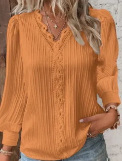 New Women's Lace Shirt Solid Color Elegant Stylish Basic Long Sleeve V Neck Regular Tops Daily Lace Patchwork White Red Purple Orange Green Summer Spring Fall Women Lace Tops