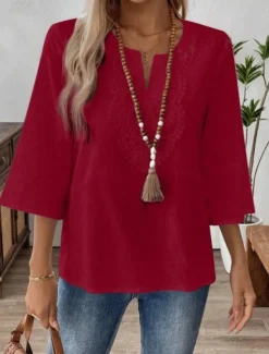 Clearance Women's Lace Shirt Solid Color Stylish Casual 3/4 Length Sleeve V Neck Regular Tops Daily Lace Patchwork White Red Blue Gold Summer Spring Women Lace Tops