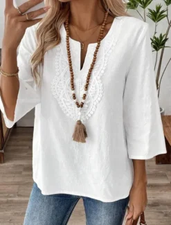 Clearance Women's Lace Shirt Solid Color Stylish Casual 3/4 Length Sleeve V Neck Regular Tops Daily Lace Patchwork White Red Blue Gold Summer Spring Women Lace Tops