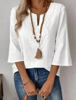 Clearance Women's Lace Shirt Solid Color Stylish Casual 3/4 Length Sleeve V Neck Regular Tops Daily Lace Patchwork White Red Blue Gold Summer Spring Women Lace Tops