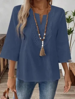 Clearance Women's Lace Shirt Solid Color Stylish Casual 3/4 Length Sleeve V Neck Regular Tops Daily Lace Patchwork White Red Blue Gold Summer Spring Women Lace Tops