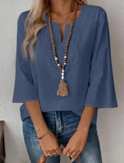 Clearance Women's Lace Shirt Solid Color Stylish Casual 3/4 Length Sleeve V Neck Regular Tops Daily Lace Patchwork White Red Blue Gold Summer Spring Women Lace Tops