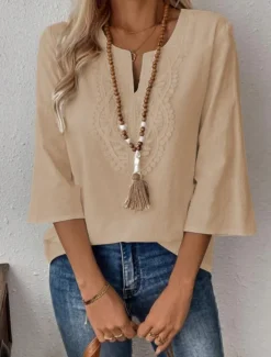 Clearance Women's Lace Shirt Solid Color Stylish Casual 3/4 Length Sleeve V Neck Regular Tops Daily Lace Patchwork White Red Blue Gold Summer Spring Women Lace Tops