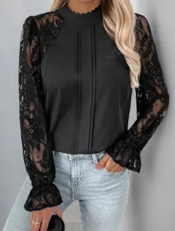 Discount Women's Lace Shirt Solid Color Elegant Long Sleeve High Neck Regular Tops Daily Going out Lace Spring Fall Women Lace Tops