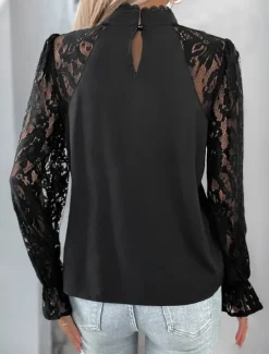 Discount Women's Lace Shirt Solid Color Elegant Long Sleeve High Neck Regular Tops Daily Going out Lace Spring Fall Women Lace Tops