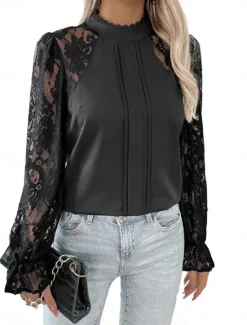 Discount Women's Lace Shirt Solid Color Elegant Long Sleeve High Neck Regular Tops Daily Going out Lace Spring Fall Women Lace Tops