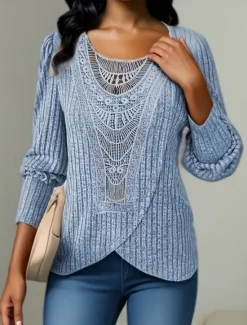 Sale Women's Lace Shirt Solid Color Stylish Casual Long Sleeve Crew Neck Regular Tops Daily Lace Patchwork Pink Blue Gray Summer Spring Fall Women Lace Tops
