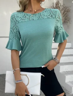 Clearance Women's Lace Shirt Solid Color Stylish Casual Half Sleeve Crew Neck Regular Tops Daily Lace Patchwork Black Pink Purple Green Summer Women Lace Tops