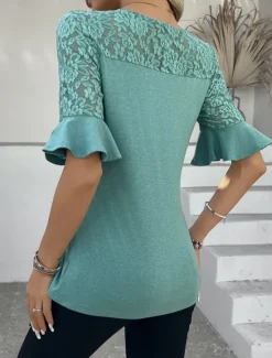 Clearance Women's Lace Shirt Solid Color Stylish Casual Half Sleeve Crew Neck Regular Tops Daily Lace Patchwork Black Pink Purple Green Summer Women Lace Tops