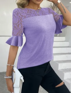 Clearance Women's Lace Shirt Solid Color Stylish Casual Half Sleeve Crew Neck Regular Tops Daily Lace Patchwork Black Pink Purple Green Summer Women Lace Tops