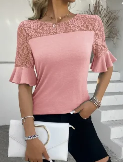 Clearance Women's Lace Shirt Solid Color Stylish Casual Half Sleeve Crew Neck Regular Tops Daily Lace Patchwork Black Pink Purple Green Summer Women Lace Tops