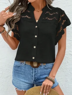 Best Women's Lace Shirt Solid Color Stylish Casual Short Sleeve V Neck Regular Tops Daily Lace Patchwork Buttons Black Pink Sky Blue Green Apricot Summer Women Lace Tops