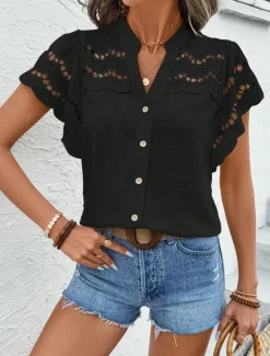 Best Women's Lace Shirt Solid Color Stylish Casual Short Sleeve V Neck Regular Tops Daily Lace Patchwork Buttons Black Pink Sky Blue Green Apricot Summer Women Lace Tops