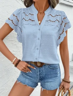 Best Women's Lace Shirt Solid Color Stylish Casual Short Sleeve V Neck Regular Tops Daily Lace Patchwork Buttons Black Pink Sky Blue Green Apricot Summer Women Lace Tops