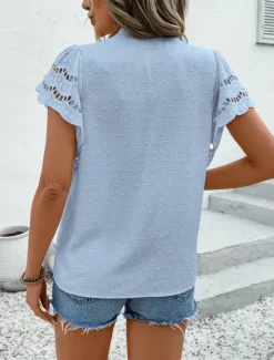 Best Women's Lace Shirt Solid Color Stylish Casual Short Sleeve V Neck Regular Tops Daily Lace Patchwork Buttons Black Pink Sky Blue Green Apricot Summer Women Lace Tops
