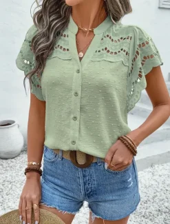 Best Women's Lace Shirt Solid Color Stylish Casual Short Sleeve V Neck Regular Tops Daily Lace Patchwork Buttons Black Pink Sky Blue Green Apricot Summer Women Lace Tops