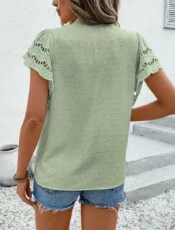 Best Women's Lace Shirt Solid Color Stylish Casual Short Sleeve V Neck Regular Tops Daily Lace Patchwork Buttons Black Pink Sky Blue Green Apricot Summer Women Lace Tops