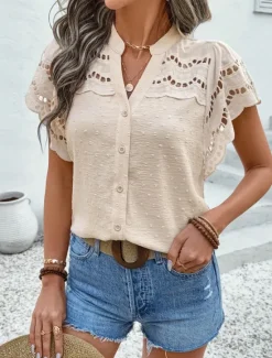 Best Women's Lace Shirt Solid Color Stylish Casual Short Sleeve V Neck Regular Tops Daily Lace Patchwork Buttons Black Pink Sky Blue Green Apricot Summer Women Lace Tops