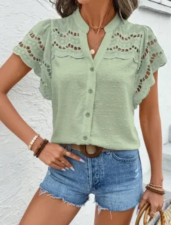 Best Women's Lace Shirt Solid Color Stylish Casual Short Sleeve V Neck Regular Tops Daily Lace Patchwork Buttons Black Pink Sky Blue Green Apricot Summer Women Lace Tops