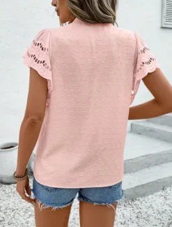 Best Women's Lace Shirt Solid Color Stylish Casual Short Sleeve V Neck Regular Tops Daily Lace Patchwork Buttons Black Pink Sky Blue Green Apricot Summer Women Lace Tops