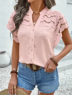 Best Women's Lace Shirt Solid Color Stylish Casual Short Sleeve V Neck Regular Tops Daily Lace Patchwork Buttons Black Pink Sky Blue Green Apricot Summer Women Lace Tops