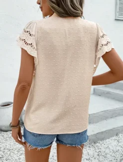 Best Women's Lace Shirt Solid Color Stylish Casual Short Sleeve V Neck Regular Tops Daily Lace Patchwork Buttons Black Pink Sky Blue Green Apricot Summer Women Lace Tops