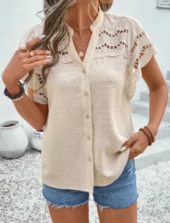 Best Women's Lace Shirt Solid Color Stylish Casual Short Sleeve V Neck Regular Tops Daily Lace Patchwork Buttons Black Pink Sky Blue Green Apricot Summer Women Lace Tops