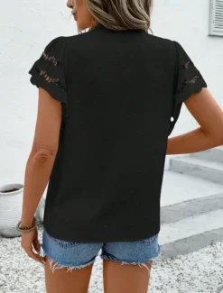 Best Women's Lace Shirt Solid Color Stylish Casual Short Sleeve V Neck Regular Tops Daily Lace Patchwork Buttons Black Pink Sky Blue Green Apricot Summer Women Lace Tops