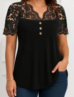 Clearance Women's Lace Shirt Solid Color Stylish Casual Short Sleeve V Neck Regular Tops Daily Lace Patchwork Buttons Black Wine Purple Summer Spring Women Lace Tops