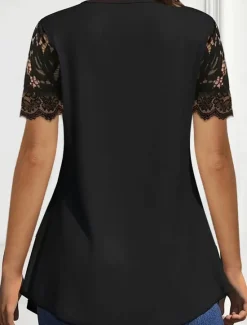 Clearance Women's Lace Shirt Solid Color Stylish Casual Short Sleeve V Neck Regular Tops Daily Lace Patchwork Buttons Black Wine Purple Summer Spring Women Lace Tops